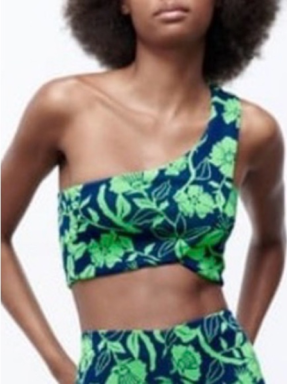 Zara Navy and Bright Green Floral One-Shoulder Top